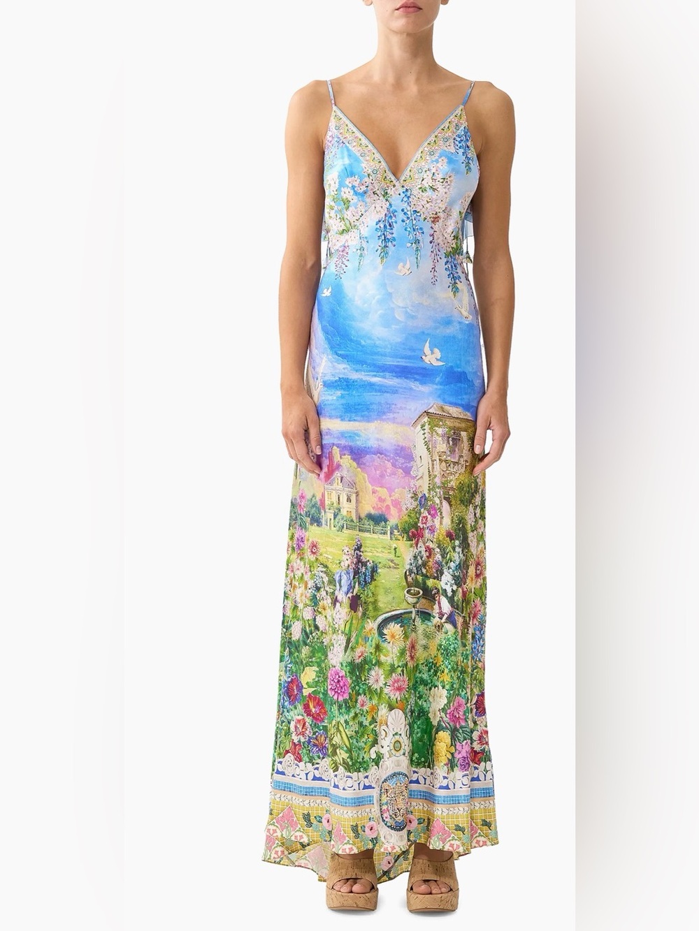 Navas Nouveau Printed Frill-Back Maxi Slipdress, Camilla, New $1000MSRP
